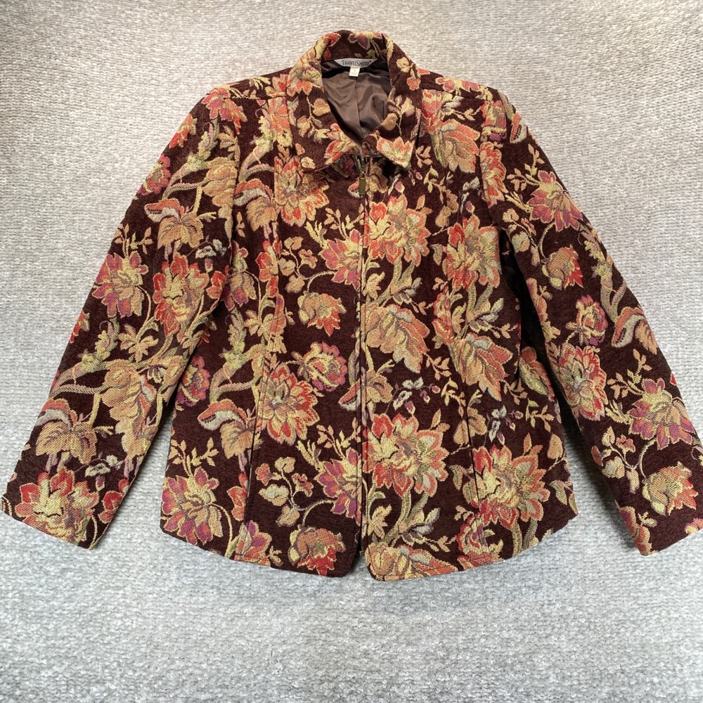 TravelSmith Womens Floral Tapestry Zip Up Jacket Burgundy Gold Size L 26268